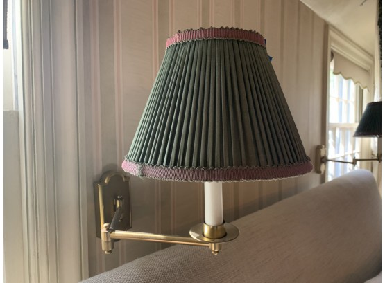 Pair Of Brass Wall Lamps Green Pleated Shades