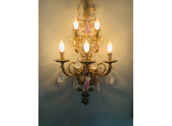 Pair Of Fabulous Bronze & Rock Crystal Sconces Clear And Pink  Quartz Crystals!