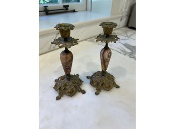 Copper And Marble Ornate Candlesticks