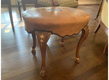Oval Stool With Antiqued Leather Cover, Walnut With Gold Trim