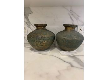 Pair Of Decorative Copper And Green Urns