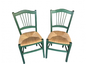 Pair Of Green Painted Wood Rush Seat Chairs