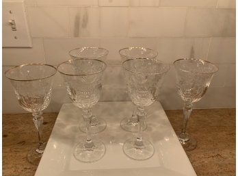 Six Etched Gold Rimmed Wine Glasses