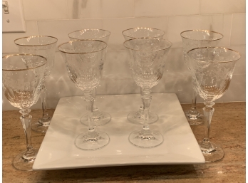 Eight Etched Gold Rimmed Wine Glasses