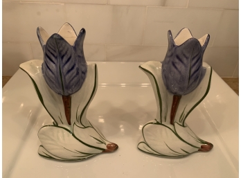 Pair Of Casa Fina Tulip Candlesticks Hand Painted In Portugal