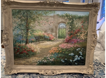 Rowena Signed Victorian Garden Oil Painting