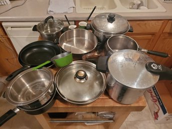 Lot Of Pots Including 3 Rena-ware Stainless Steel & A Pressure Cooker