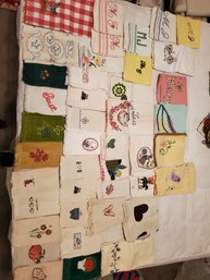 Incredible Lot Of Vintage Embroidered Tea Towels - Many Hand Embroidered
