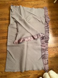 Vintage Thermal Grey Wool Blanket With Purple Satin Edge
