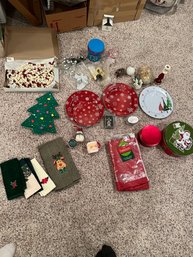 Mics Holiday Lot Candles, Tins, Faux Garland, Tea Towels, Crystal Angel Ornament