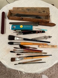 Lot - Genuine Horse Hair Paint Brushes, Drawing Leads, Calligraphy Nibs, And Misc In Antique Wood Box