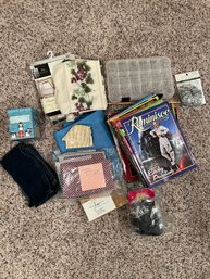 Box Full Of Fabric Scraps, Plastic Organizer,  Misc Scrapbooking Items & More