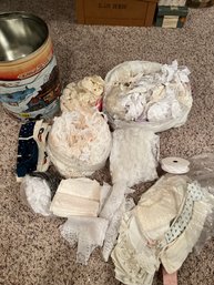 Tin Fulled Of Vintage Ruffled Lace, Lace Fabric, And Collars