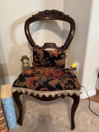 Antique Victorian Wood Carved Chair With Matching Decorative Pillow