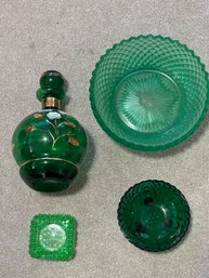 Vintage Green Glass Decanter & Other Vintage Glass Items