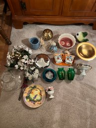 Box Of Misc Home Decor - Faux Wreath, Sugar & Cream Dishes, Small Vases, And More