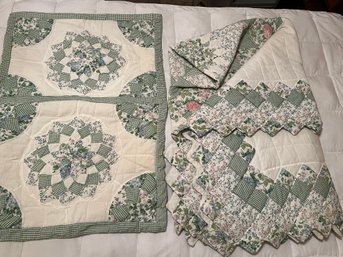 Green, White, Floral Quilt With Matching Shams