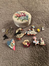 Lovely Cross Stitch Jewelry Box Filled With Vintage Pins/ Brooches