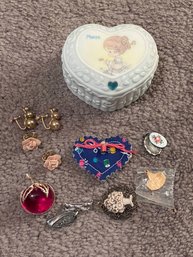 Precious Moments Jewelry Box With Clip On Earrings And Other Costume Jewelry