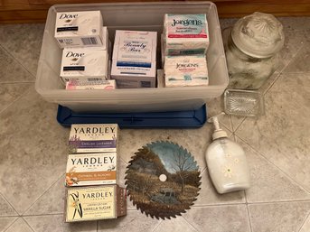 Lot Of Mostly Dove Bar Soaps And Other Brands And 4 Plastic Storage Bins