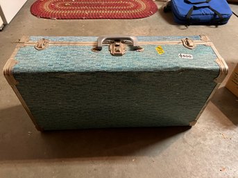 Vintage Blue Hard Shell Traveling Trunk With Key