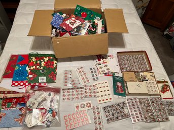 Box Full Of Vintage Christmas Stamps And Christmas Gift Bags