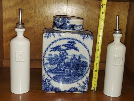 Lot  5-4 Large Ginger-Type Jar And 2 William Sonoma Oil & Vinegar (IR)