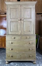 Vintage Pine Cupboard Or Linen Press In Olive Green Stain (2 Pcs)