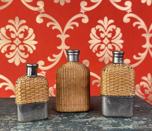 Three  French Antique Wicker Covered Flasks