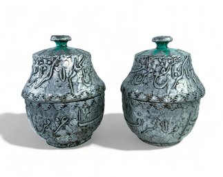 Pair, 29' Tall Moroccan, Pewter And Ceramic With Turquoise Glaze Jars