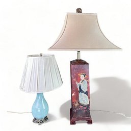 Asian Style Table Lamps, Porcelain And Wood