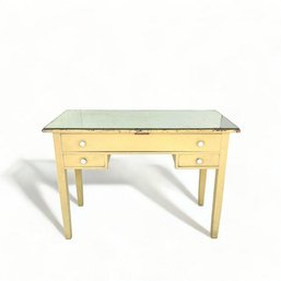 Vintage Pine Hand Painted Yellow 3 Drawer Vanity Or Desk With Mirrored Top