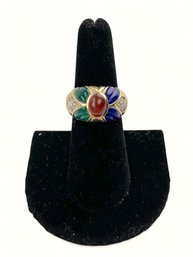 14 Kt Gold, Diamond, Carnelion, Emerald And Sapphire David Webb Style Ring