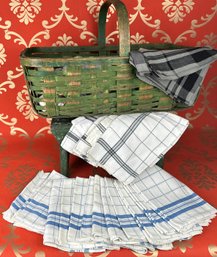 Large Woven Basket Painted Green With Dinner Napkins And Table Linens, Calvin Klein Home, Williams Sonoma Etc