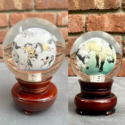 Two Vintage Chinese Reverse Painted Glass Globes