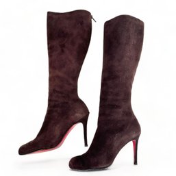 Christian Louboutin Brown Suede Knee High Back Zip Heeled Boots, Size 38 1/2