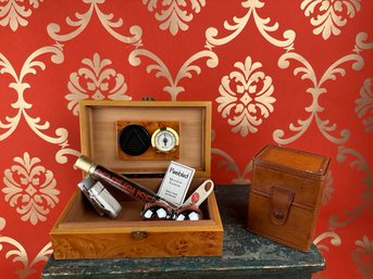 Burled Wood Humidor Box With Accessories