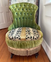 French Tufted Arm Chair In Green Velvet