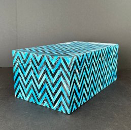 Bone Marquetry Turquoise And Black Chevron Lidded Box