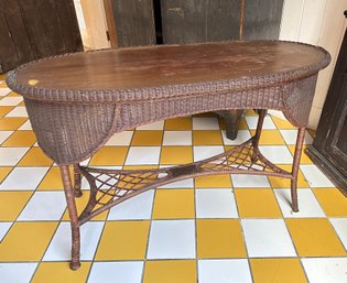 Nicely Made, Wicker And Carved Wood Console Table Painted Brown