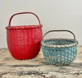Two Antique Shaker Baskets Painted Red And Blue