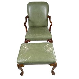 Vintage Henredon Moss Green Leather Upholstered Arm Chair And Ottoman