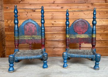 Antique Pair Of Wooden Wicker Afghan Chairs Painted Blue, Yellow And Red