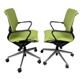 Pair Of Herman Miller Style Desk Chairs On Castors In Green Mesh And Chrome Base