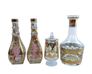 22 Kt Gold Moroccan Themed Decanter And Glass And Hand Painted Gold Bottles