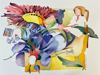Claude Ponsot, Abstract Floral Scenic Watercolor On Paper French