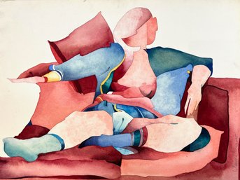 Claude Ponsot, Lounging On Red Sofa, Abstract Watercolor On Paper French