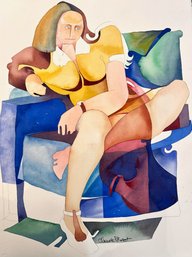 Claude Ponsot, Woman On A Blue Chair, Abstract Watercolor On Paper French
