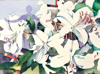 Claude Ponsot, Lillies, Abstract Watercolor On Paper French