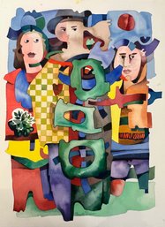 Claude Ponsot, The Public Public, Abstract Figurative Watercolor On Paper